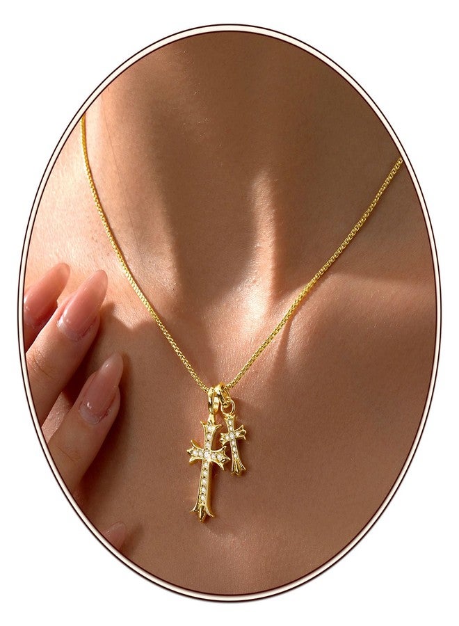 Partm Double Cross Necklace for Women Dainty Cross Pendant Choker 14K Gold Plated Trendy CZ Diamond Cross Charm Necklace Hypoallergenic Delicate Faith Jewelry Religious Gifts for Women - Image 1